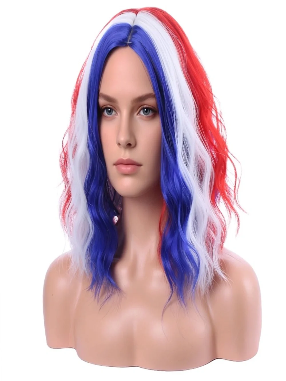 Red White Blue Wig Women Unisex Short Wavy Patriotic 4th of July Cosplay Cap
